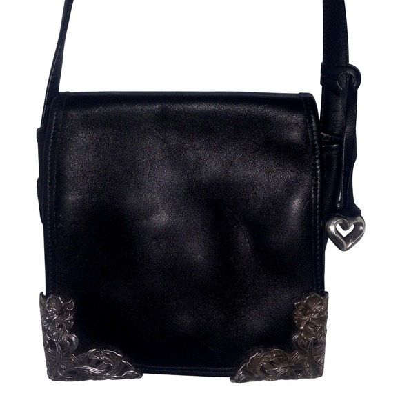 Brighton Black Leather Crossbody Saddle Bag Silver Accent Heart Charm Small - Picture 1 of 8